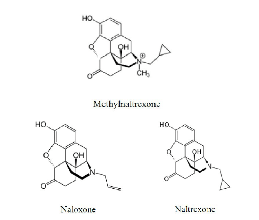 Chemical diagram of methylnaltrexone, naloxone, and naltrexone